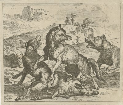 Lobo atacado por cães Animais diferentes (título da série) de Abraham Danielsz. Hondius