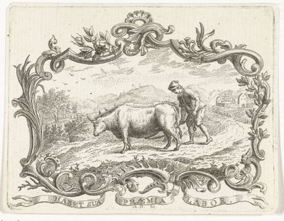 Agricultor que lavra um campo com dois bois, em cartucho de Abraham Delfos