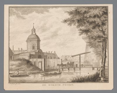 Vista do Morspoort em Leiden
O Portão Morsch (título sobre o objecto) de Abraham Delfos