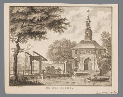 Vista do Zijlpoort em Leiden O Zyl Gate (título no objeto) de Abraham Delfos
