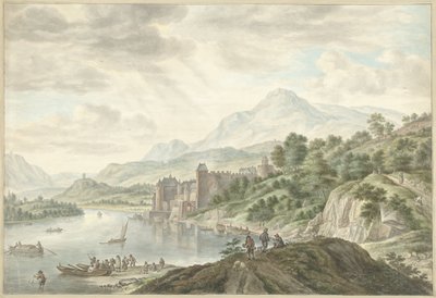 Paisagem montanhosa com um castelo sobre um rio de Abraham Delfos