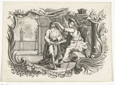 Minerva recompensa ou homenageia o homem pelo seu trabalho, em cartucho de Abraham Delfos