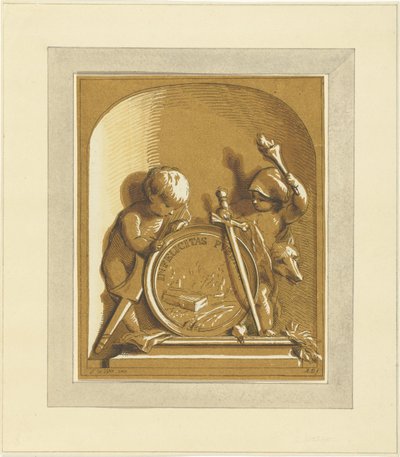 Putti de pé perto do medalhão com túmulo, em nicho de Abraham Delfos