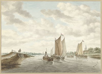 Paisagem fluvial com várias barcaças de Abraham Delfos
