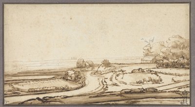 Paisagem rolante com estrada e casa à beira da floresta de Abraham Furnerius