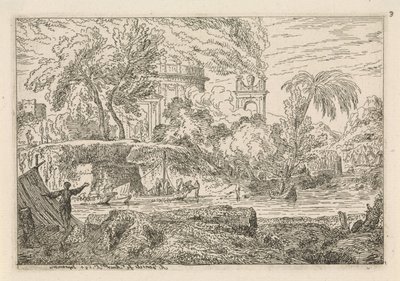 Paisagem da Arcádia com arco triunfal Paisagens clássicas (título da série) de Abraham Genoels
