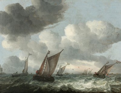 Barcos de pesca ao largo da costa num mar agitado (óleo sobre painel) de Abraham Hendricksz van Beyeren