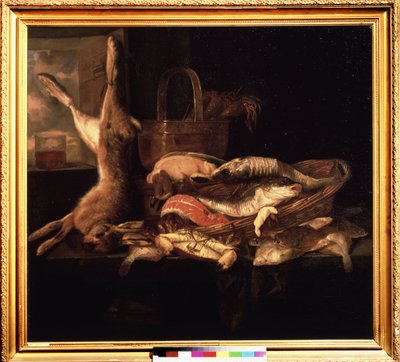 "Natureza morta com peixes e uma lebre morta" Pintura de Abraham Hendricksz van Beyeren (1620/21-1690) (ec. holl.) Museu Pushkin do século XVII, Moscou de Abraham Hendricksz van Beyeren