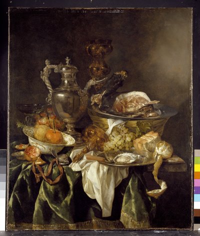 Ainda vida com um pote de vinho de prata com um retrato refletido do artista de Abraham Hendricksz van Beyeren