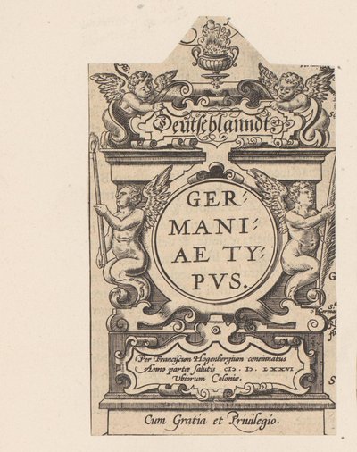 Cartouche com quatro putti
Cartouche a partir de um mapa da Alemanha
Deutschlanndt. Germaniae Typus (título sobre o objecto)
Theatrum Orbis Terrarum (título da série) de Abraham Hogenberg