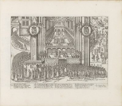 Vista do exterior da Abadia de Westminster durante a coroação de James I, 1603-1604. de Abraham Hogenberg