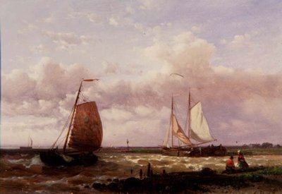 A Coastal Scene with Fishing Boats (óleo no painel) de Abraham Hulk