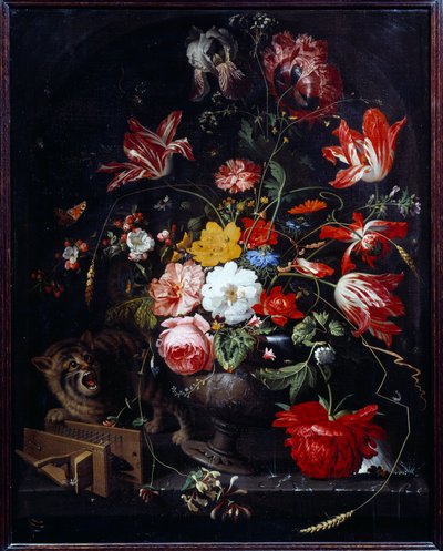 O gato a deitar abaixo uma jarra de flores. Pintura de Abraham Mignon (1640-1679) ec. all de Abraham Mignon