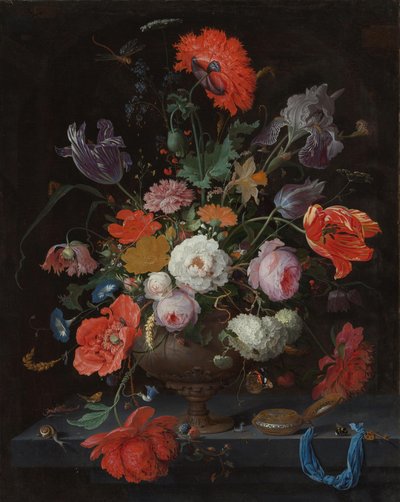 Natureza morta com flores e um relógio de Abraham Mignon