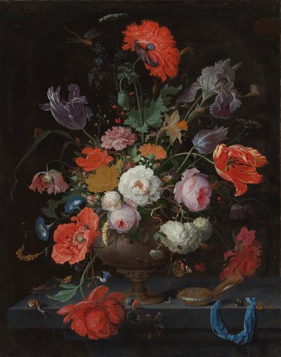 Natureza morta com flores e relógio, c.1660-79 (óleo sobre tela) de Abraham Mignon
