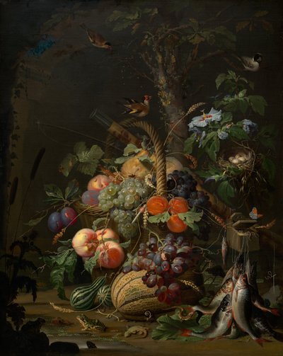 Natureza morta com frutas, peixes e um ninho, c. 1675. de Abraham Mignon