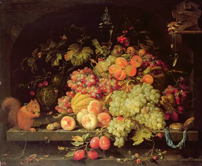 Ainda vida com frutas, esquilo e pintassilgo de Abraham Mignon