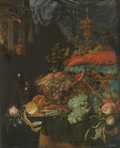 Natureza Morta com Fruta e um Goldfinch de Abraham Mignon