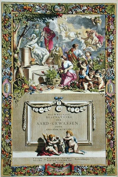 Página de título de "Nauwkerige Beschryving der Aard-Gewassen" de Abraham Munting (1626-83), publicado em 1666 (gravação a cores) de Abraham Munting