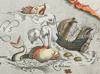 (Detalhe). Monstros marinhos a atacar um navio. de Abraham Ortelius