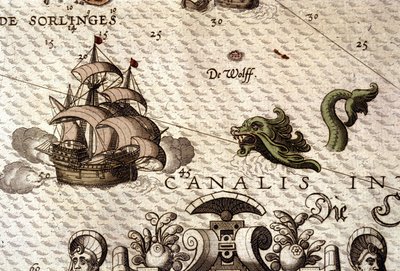 Um monstro marinho a atacar um galeão (caravela). Detalhe de um mapa em "Theatrum Orbis Terrarum" de Abraham Ortelius, Antuérpia 1584. de Abraham Ortelius