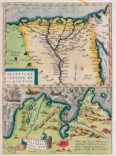 Aegypti Recentior Descriptio. - Carthaginis Celeberrimi Sinus Typus. Mapa geográfico do Egito com as cidades do Nilo e Cartago (Tunísia) do "Theatrum Orbis Terrarum" de Abraham Ortelius (Oertel, Ortell ou Ortel) de Abraham Ortelius