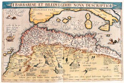 Barbariae e Biledulgerid, Nova Descriptio. Mapa geográfico do norte de África do "Theatrum Orbis Terrarum" de Abraham Ortelius (Oertel, Ortell ou Ortel de Abraham Ortelius