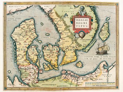Daniae regni Typus Mapa geográfico do território da Dinamarca e do sul da Suécia do "Theatrum Orbis Terrarum" de Abraham Ortelius (Oertel, Ortell ou Ortel) de Abraham Ortelius