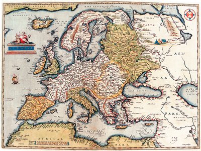 Descrição do continente europeu. Mapa geográfico do “Theatrum Orbis Terrarum” de Abraham Ortelius de Abraham Ortelius