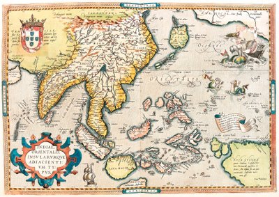 Indiae Orientalis Insularumque Adiacientium Typus. Mapa geográfico da Índia Oriental e do Sudeste Asiático do "Theatrum Orbis Terrarum" de Abraham Ortelius (Oertel, Ortell ou Ortel de Abraham Ortelius