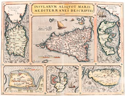 Insularum Aliquot Maris Mediterranei Descriptio. Mapa geográfico das ilhas mediterrâneas da Sicília, Sardenha, Corfu, Malta, Djerba e Elba (Sicília, Sardenha, Colfu, Malta Djerba, Elba) do "Theatrum Orbis Terrarum" de Abraham Ortelius (Oertel, Ortell de Abraham Ortelius