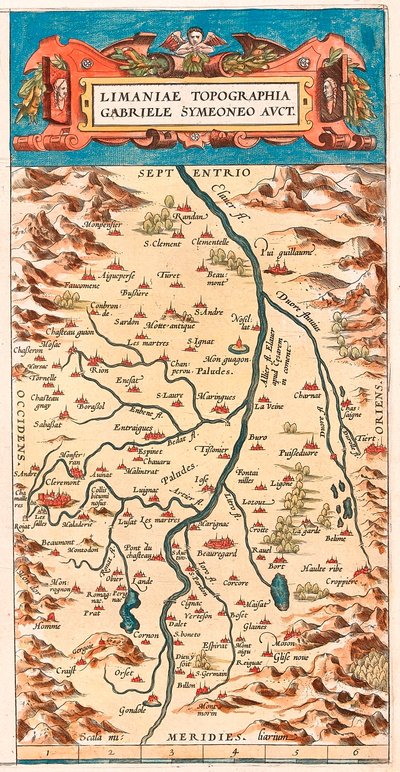 Limaniae topografou Gabriele Symeoneo Avct Mapa geográfico do território do Loire com os castelos e cidades limítrofes do rio (Beaumont, Aigueperse, Clermont e Montferan (Montferrand), Beauregard, Cignac, Montaigu, Puy Guillaume...) retirado de "Theatru de Abraham Ortelius