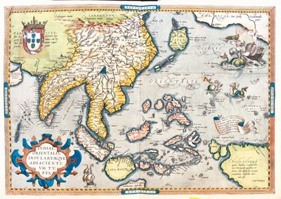 Paquistão, Índia, Sri Lanka, Nepal, Butão, Bangladesh, Sul da China, Birmânia, Tailândia, Laos, Vietname, Camboja, Malásia, Brunei, Indonésia, Filipinas, Taiwan, Sul do Japão de Abraham Ortelius