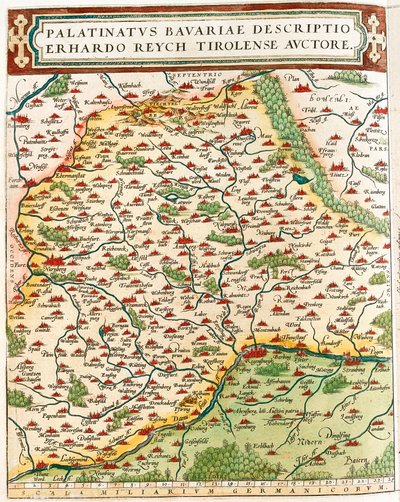 Palatinatus Bavariae descriptio Erhardo Reych Tirolense Auctore Mapa geográfico do território de Baviere na Alemanha do "Theatrum Orbis Terrarum" de Abraham Ortelius (Oertel, Ortell ou Ortel de Abraham Ortelius