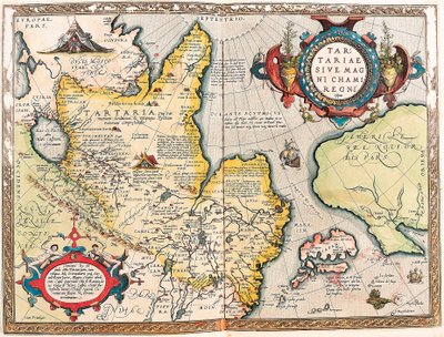Tartariae Ssive Magni Chami Regni typus Mapa geográfico do território tártaro do "Theatrum Orbis Terrarum" de Abraham Ortelius (Oertel, Ortell ou Ortel de Abraham Ortelius