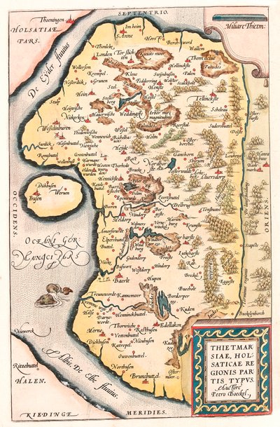 Thietmarsiae, Holsaticae regionis parties typus Mapa geográfico do norte da Alemanha com a cidade de Kuden retirado do "Theatrum Orbis Terrarum" de Abraham Ortelius (Oertel, Ortell ou Ortel de Abraham Ortelius