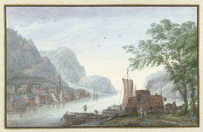 Paisagem montanhosa com vista para uma aldeia num rio de Abraham Rademaker