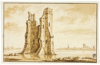 Ruínas da Mansão Merwede vistas de frente com Dordrecht ao fundo de Abraham Rademaker