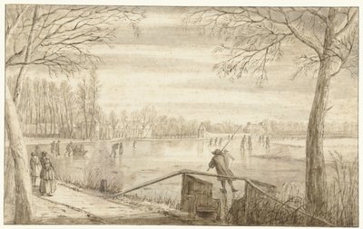 Patinadores no rio Vecht, perto de Maarssen, com as propriedades de Daelwijck e Vechthoven na Distância de Abraham Rutgers