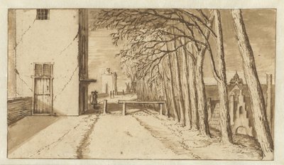 Vista ao longo da Muralha da Cidade de Utrecht, do sul, com a Smeetoren (‘Torre dos Ferreiros’) à esquerda e o Mariakerk à distância à direita de Abraham Rutgers