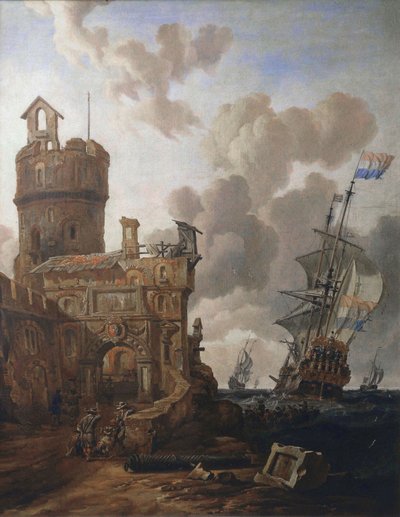 Um navio holandês a passar por um forte de Abraham Storck