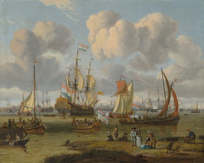 Neerlandês: Schepen op het IJ voor Amsterdam Navegação ao largo de Amesterdão com figuras num cais de Abraham Storck