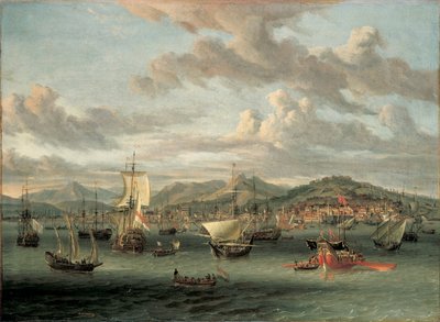 Transporte holandês ao largo da Baía de Esmirna com uma barcaça estadual de Abraham Storck