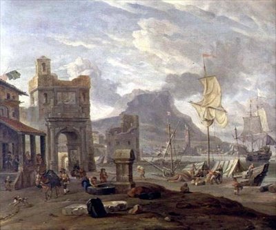 Porto Marítimo com Grandes e Pequenos Navios de Abraham Storck
