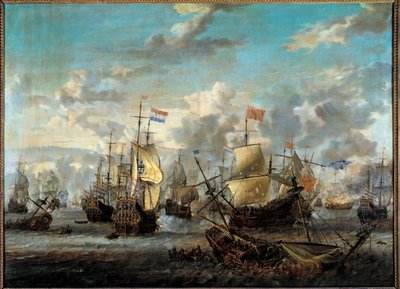 Segunda Guerra Anglo-Neerlandesa: "A Batalha dos Quatro Dias de 11 a 14/06/1666" Ela opôs-se às frotas holandesas e aos ingleses. Pintura de Abraham Storck (1635-1710) (ec.hol.) Paris do século XVII, Musee de la Marine de Abraham Storck