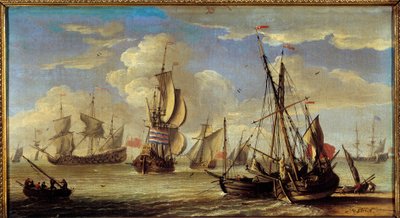 Navios e barcos no mar Paintrue de Abraham Storck (1635-1710) (ec.holl.) Sol do século XVII. 0,22x0,41m. . de Abraham Storck