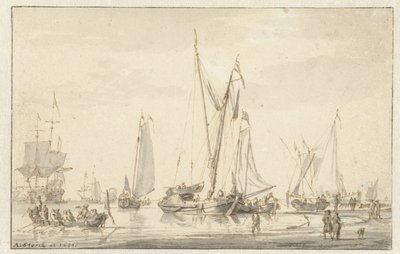 Vista da praia com navios ancorados de Abraham Storck