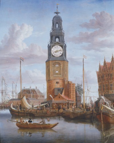 Vista da torre Haringspacker em Amsterdã, com um mostrador de relógio funcionando na pintura, 1684 (painel) de Abraham Storck