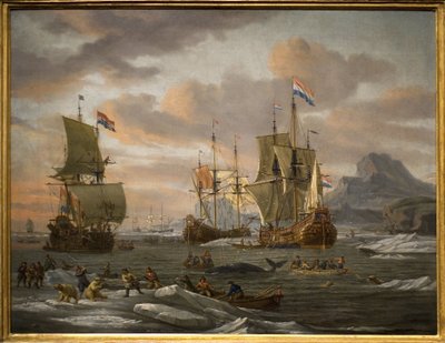 Pesca de baleias e ursos polares na ilha Spitzberg (Oceano Árctico) por embarcações da frota holandesa. Pintura por Abraham Storck (ou Sturckenbuch de Abraham Storck
