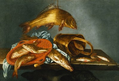 Pike, Carp, Tench e Roach com uma peneira e um balde de latão em uma borda, 1661 de Abraham Susenier